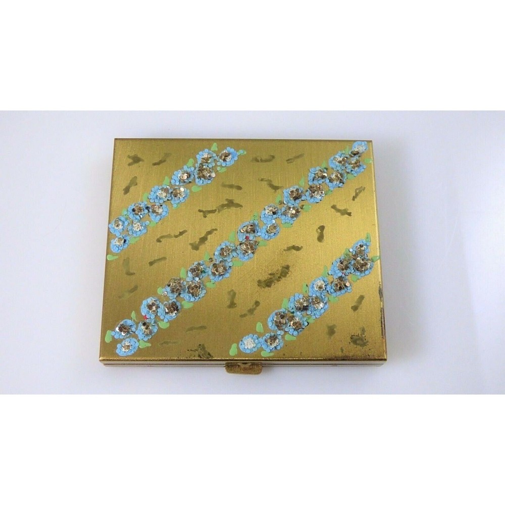 Vintage Wand Art Compact Flower Design Gold Brass Mirror Vanity Glitter Blue